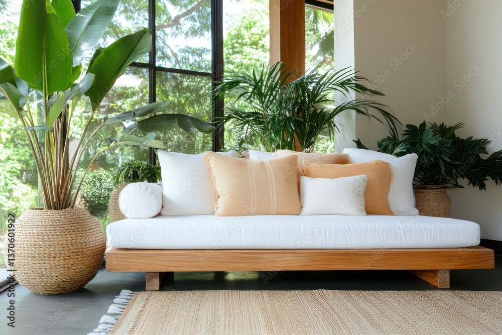 Poster bright and airy interior featuring a wooden daybed with decorative pillows a woven rug and potted pl