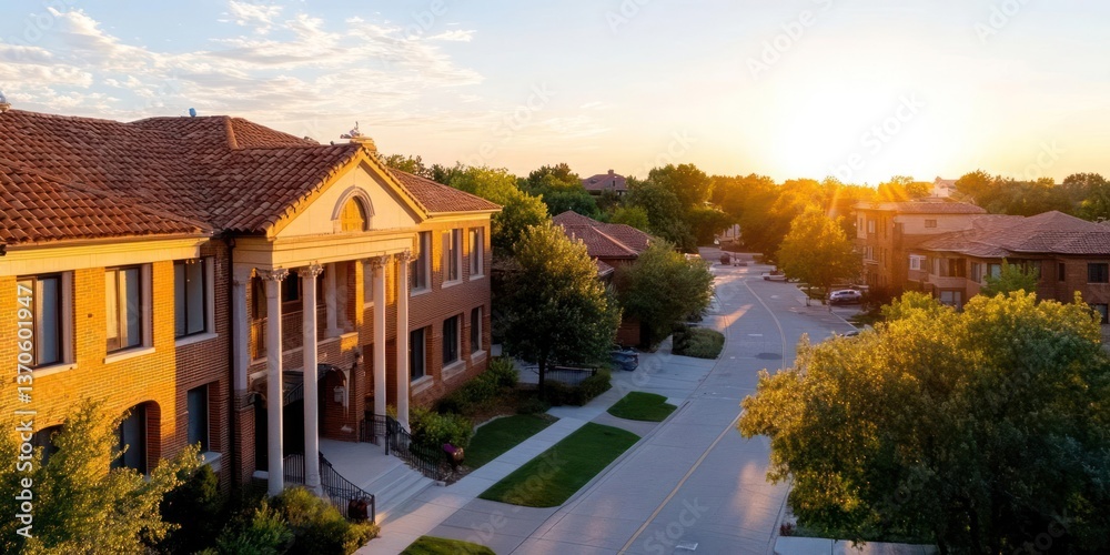 Poster aerial view of a brick building with white columns and red tiled roof bathed in golden hour sunlight