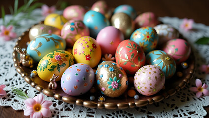 Fototapeta premium Title: A Vibrant Easter Egg Set Showcasing a Dozen Ornate Designs