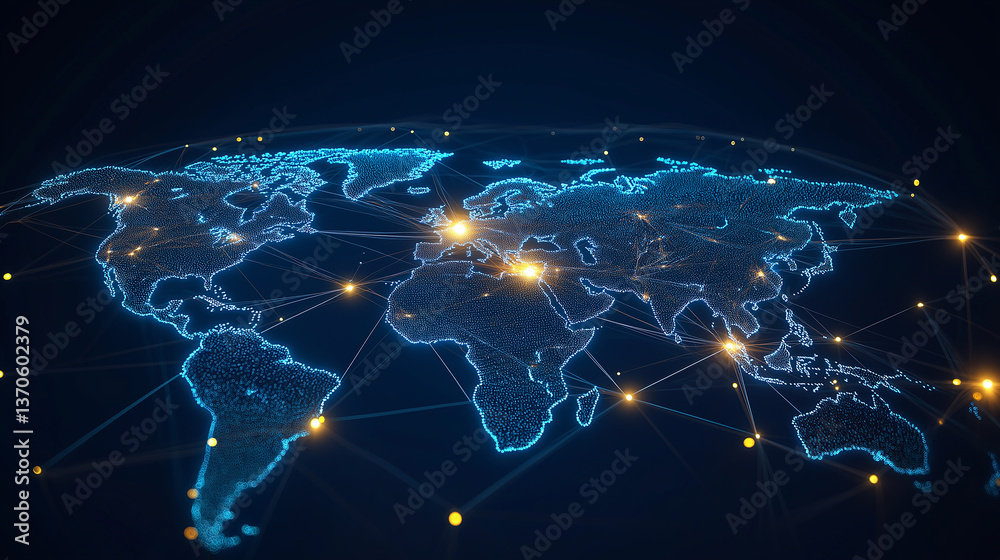 Poster Planet earth glowing world map connecting cities with data flow
