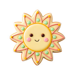 Fototapeta premium cheerful sun shaped cookie decorated with colorful icing and smiling face brings joy and warmth to any celebration in July