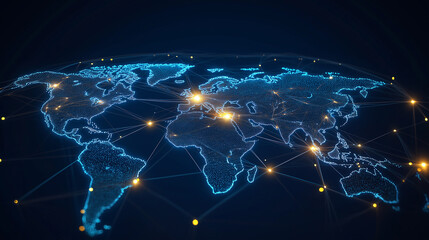 Planet earth glowing world map connecting cities with data flow