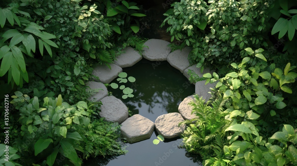 Poster overhead view of a tranquil small pond with stepping stones, surrounded by lush green foliage with w