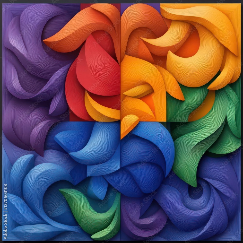 Poster Abstract geometric composition with vibrant colors arranged in four quadrants featuring waves and curves with a 3D appearance and texture