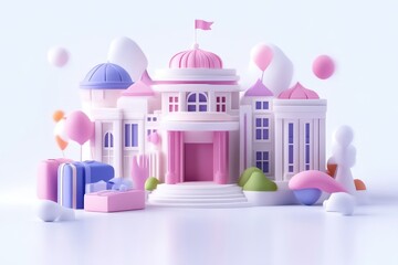 Pastel colored, stylized building scene with gifts and balloons