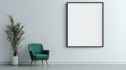 Modern interior design featuring empty frame, armchair, and plant