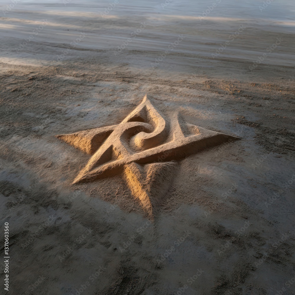 Aufkleber sand sculpture of a star-shaped emblem with intricate spiral design under soft sunlight and subtle s