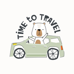 Cute cartoon Bear driving a car Time to Travel vector Illustration for kindergarten background, kids poster decoration, book cover, apparel and others