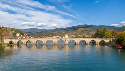 Aerial view in ancient bridge in Visegrad, Bosnia and Hercegovina
