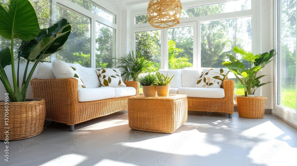 Poster sunroom interior with generic furniture lush greenery natural light and warm ambiance creating a rel