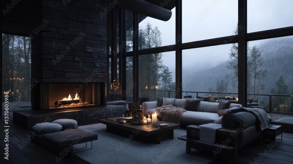 Poster cozy room with fireplace and large windows overlooking a snowy mountain landscape. warm interior wit