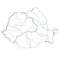 Romania map with Transylvania, regions and waterways