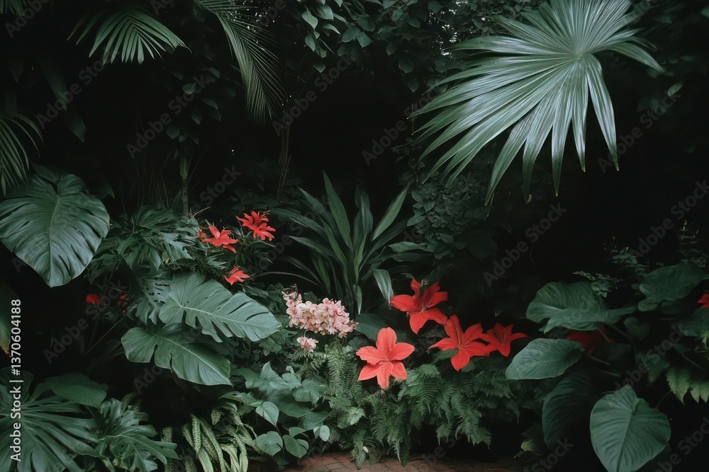 Fototapete lush green foliage and vibrant red flowers create a dense natural scene. the image focuses on varied