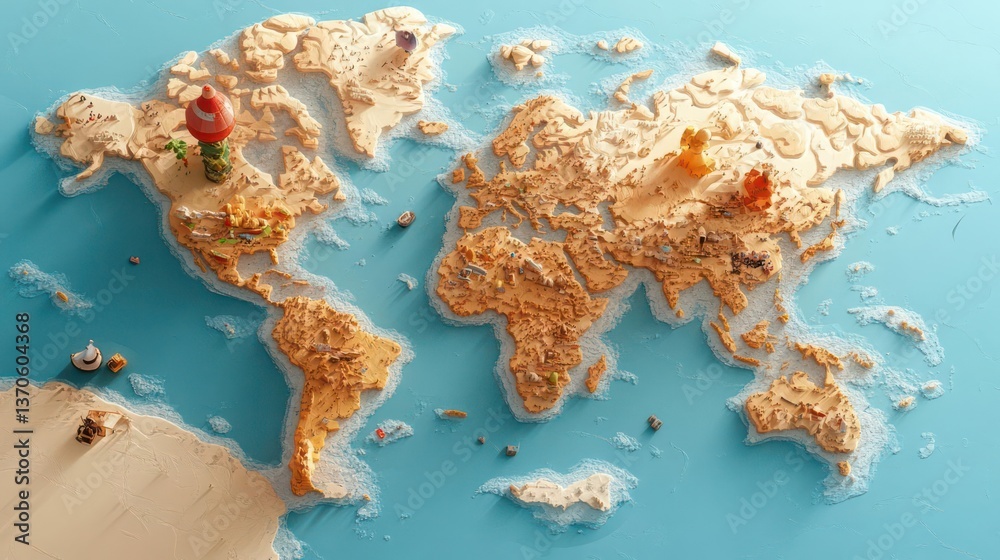 Poster A meticulously crafted miniature world map built from pixelated blocks in varying shades of brown and beige with a light blue water background