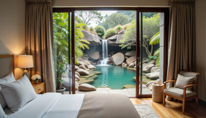 Cozy bedroom with hot spring resort view  