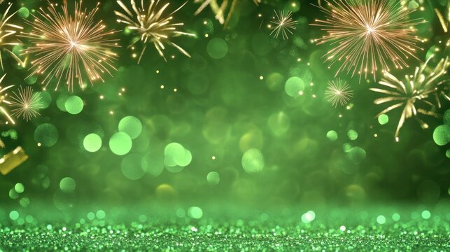 Green fireworks on a glittering, bokeh-filled background for celebration.