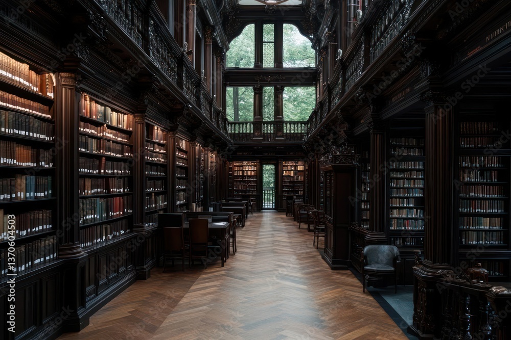Poster Grand wooden library interior with rows of bookshelves wooden tables and chairs natural light from large windows creating a calm atmosphere and inviting space