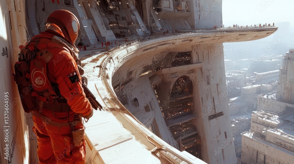 Poster A figure in red attire overlooks a futuristic cityscape from a high balcony with a curved facade architectural structure. The scene features a bright daylight and a complex intricate design