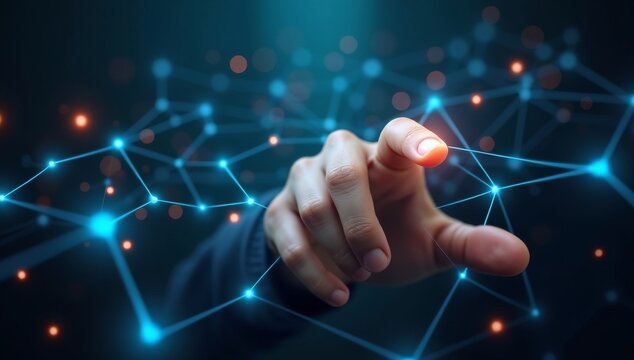 Automation of business or robotic process RPA technology. Transfer of data between application. Businessman touching gears icon on network connection