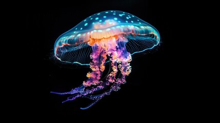 A neon jellyfish glowing underwater, illuminating the deep sea with radiant fluorescent hues
