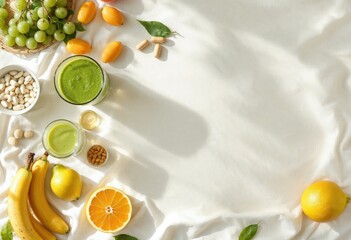 Healthy green smoothie, fruits, vegetables, and supplements creating balanced diet background
