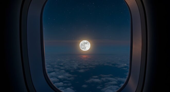 A view of the full moon and stars from an airplane window at night above the clouds