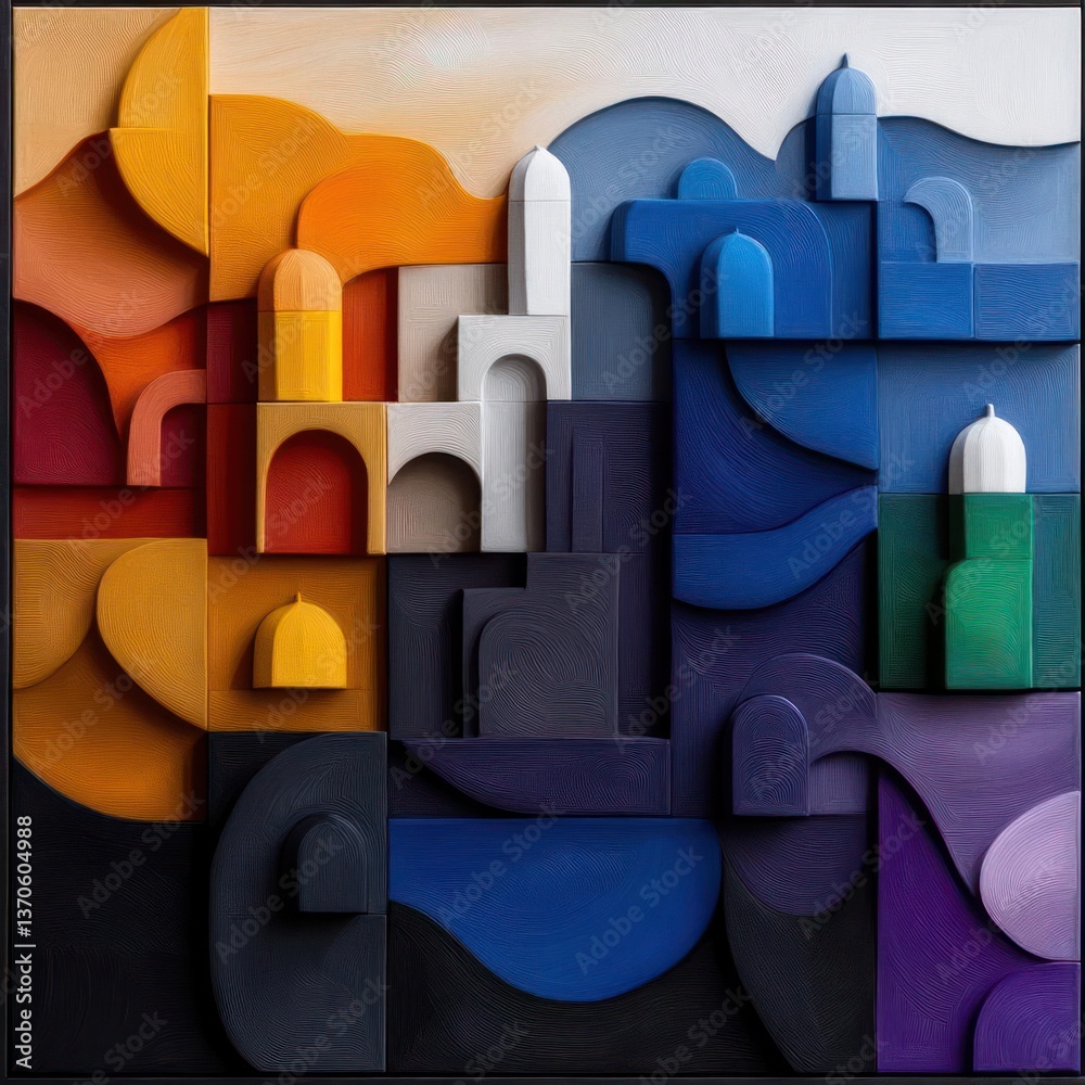 Poster Abstract architectural relief sculpture with gradient color blocks depicting stylized structures in shades of yellow orange white grey blue and purple
