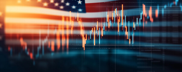 American flag overlapping financial market chart showing economic trends