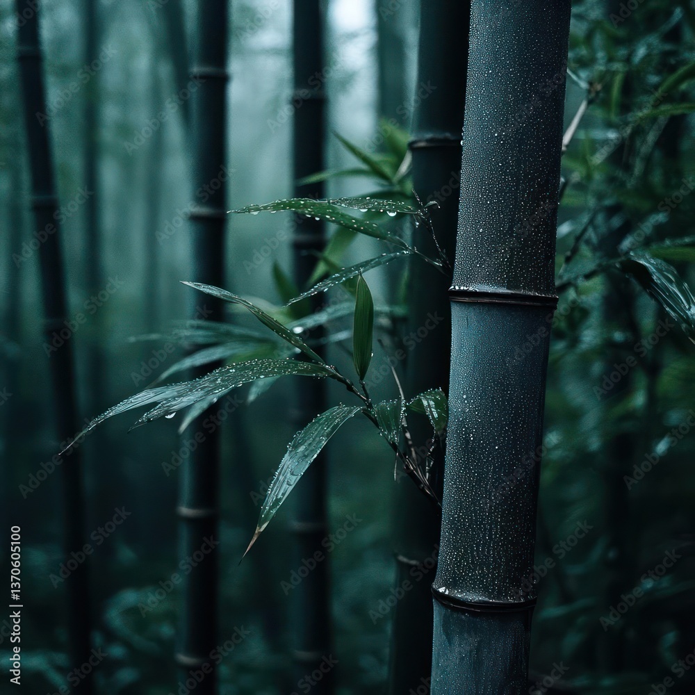 Poster Close up of bamboo stalks in a foggy forest wet leaves and moody lighting creating a serene natural scene. The scene captures the essence of a tranquil outdoor environment. 