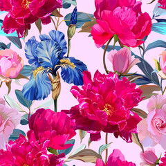 Pattern peonies flowers and roses. Vector pattern floral summer flowers peonies, roses, rose hips. For paper, fabric, packaging, interior design
