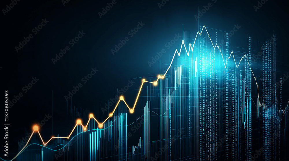 Poster Growing stock market graph showing increasing profits with futuristic digital binary code background