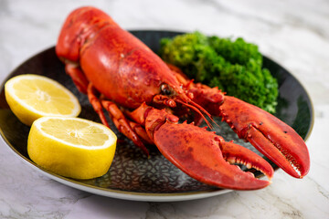 Close up of fresh steamed lobster with herbs