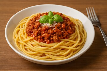 Spaghetti Bolognese with Parmesan and basil on white plate.