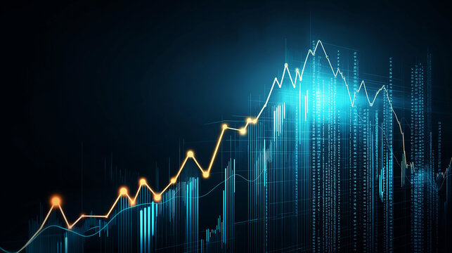 Growing stock market graph showing increasing profits with futuristic digital binary code background - Powered by Adobe