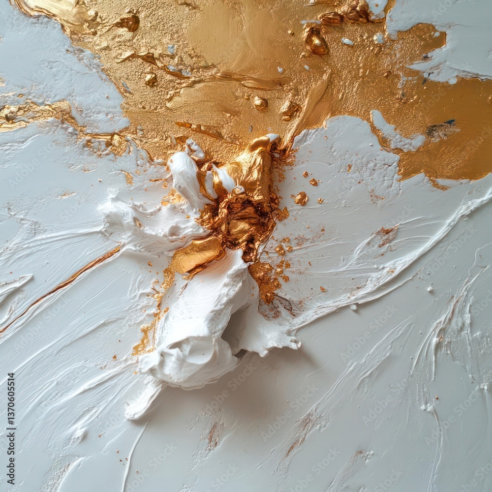 Aufkleber abstract textured art with gold and white acrylic paint on a light gray surface. the artwork feature