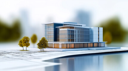 Modern office building model standing on architectural plans with miniature trees