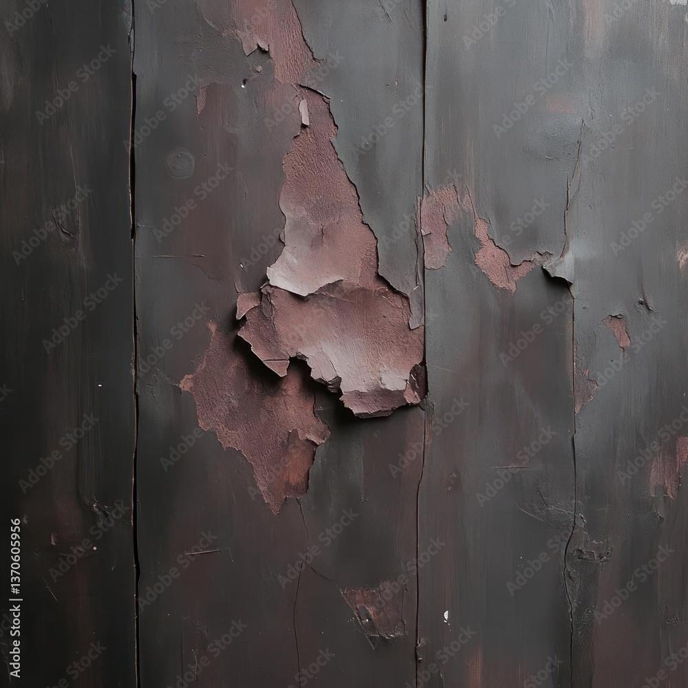 Poster weathered wooden surface with peeling paint revealing a textured rust-colored layer beneath. vertica