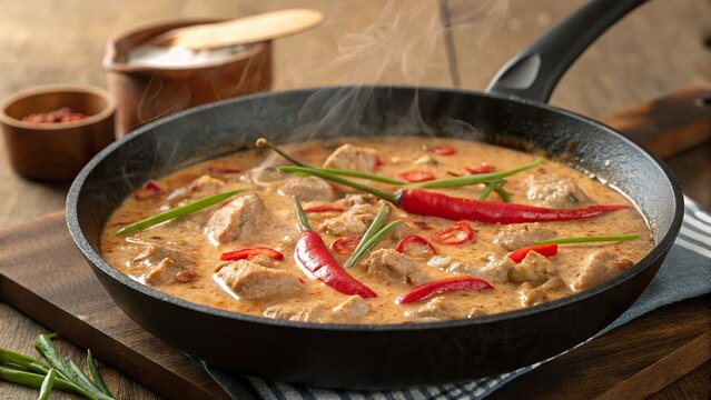 Bicol Express bubbling in a cast iron pan, captured in a cozy kitchen at dusk