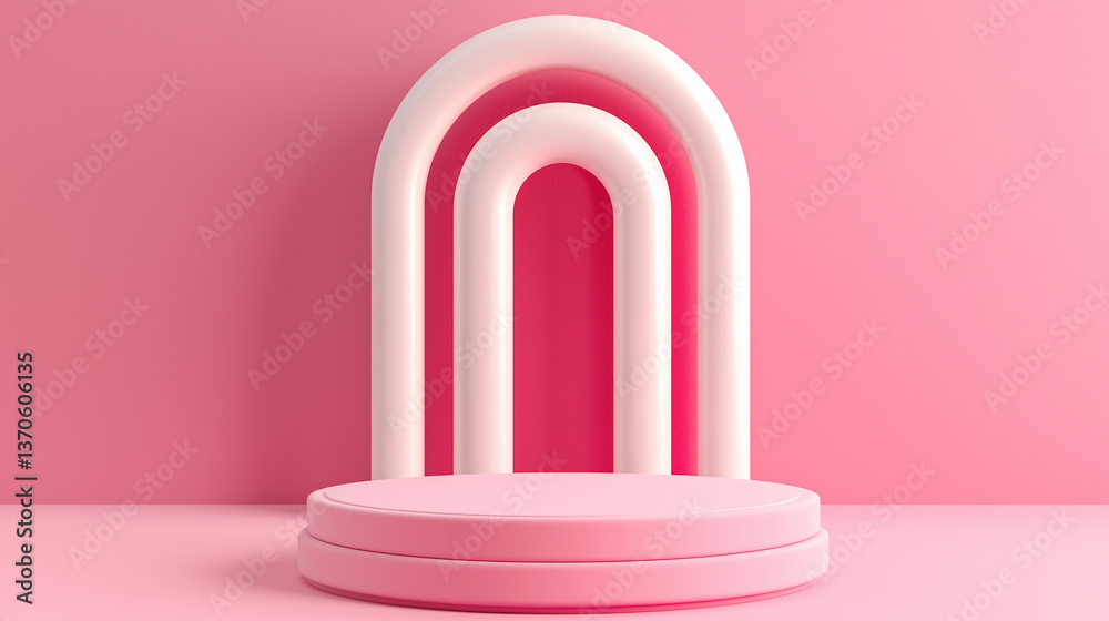 Poster pink and white arch over round podium creating modern product display