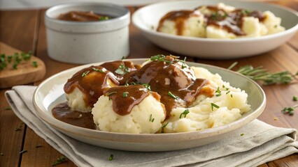 Deliciously smooth boiled potatoes generously topped with rich, savory gravy for a comforting meal