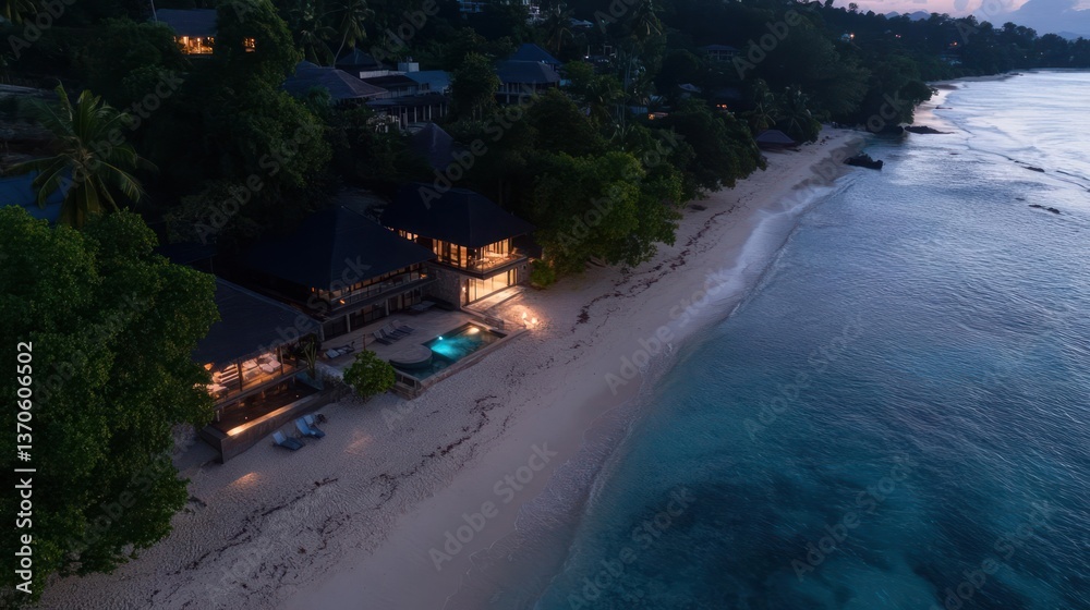 Poster aerial view of a tropical beach at dusk with luxury villas illuminated along the shoreline reflectin