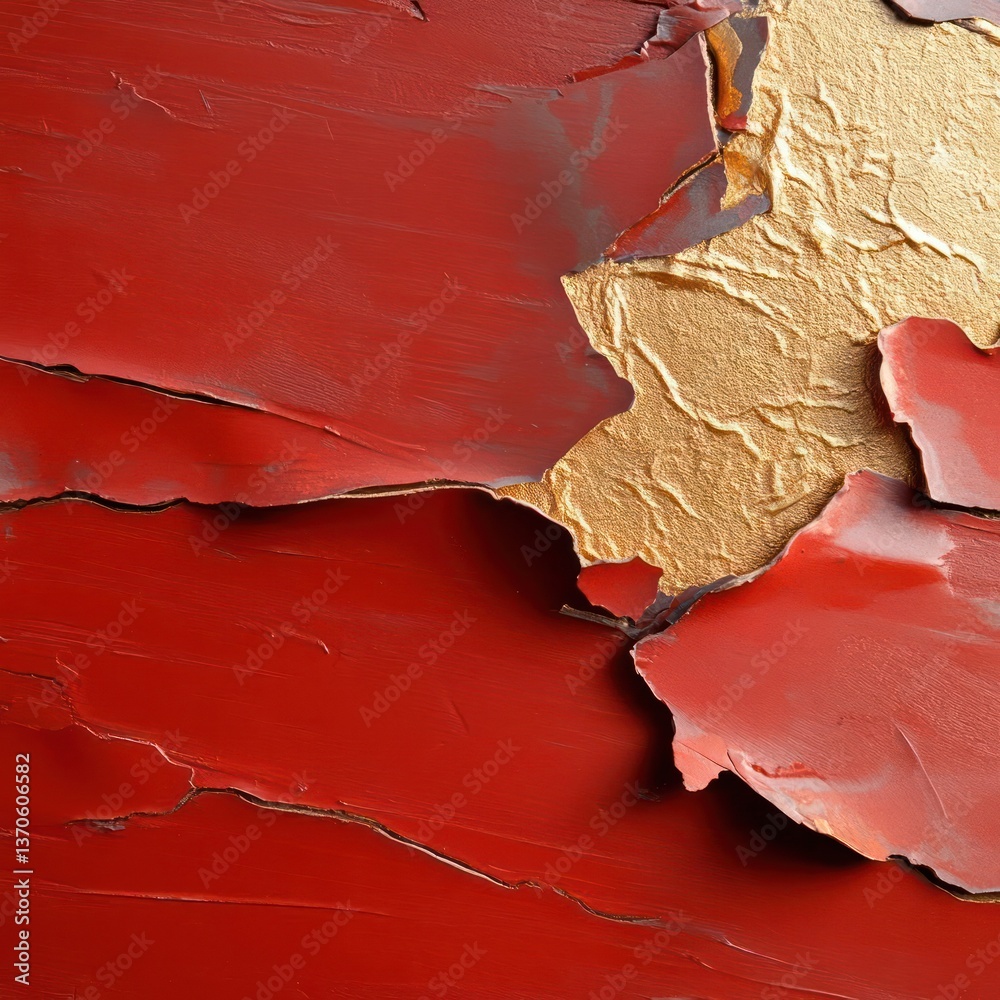 Poster Close up view of peeling red paint revealing golden metallic layer texture rough surface abstract background