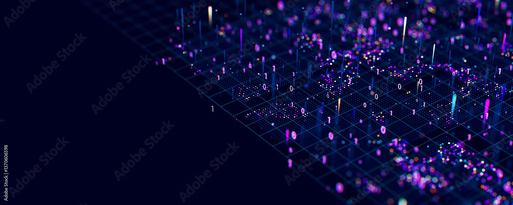 Poster Macro of quantum computing technology. Digital patterns of big data. Microworld of LLM AI learning process. Nano technology presentation. 
