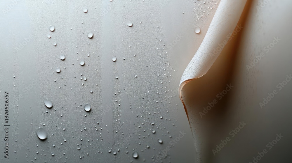 Poster Close up of water droplets on a textured surface with a partially curled fabric creating a contrast in textures and forms