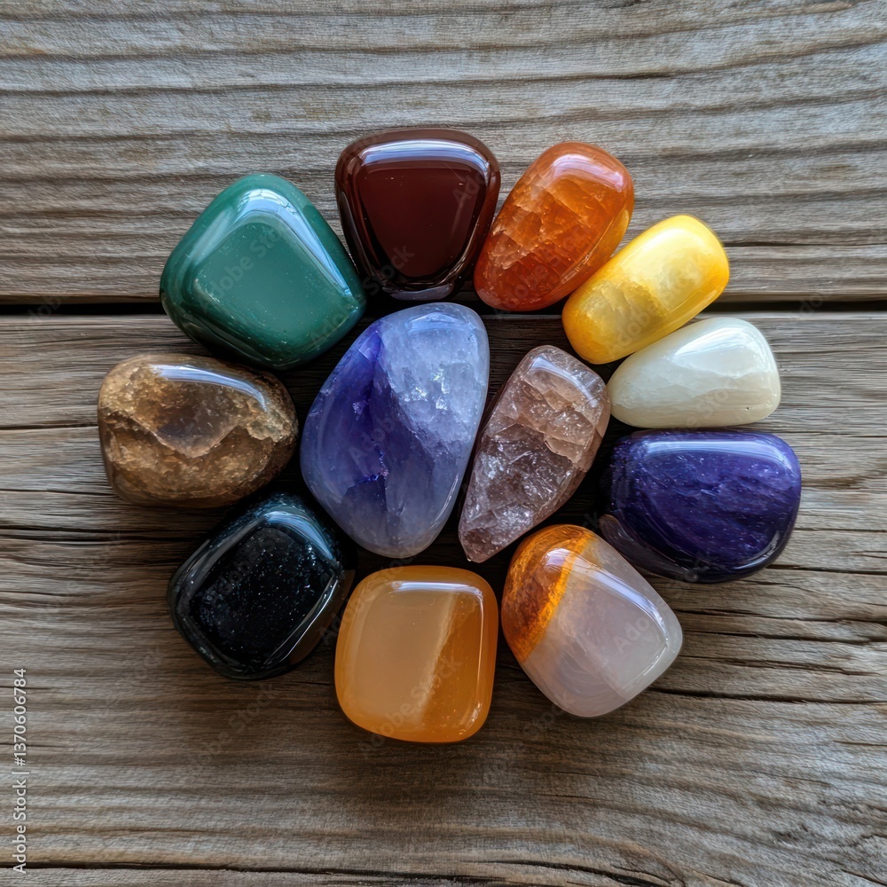 Poster assortment of colorful polished gemstones arranged on a weathered wooden surface illuminated by soft
