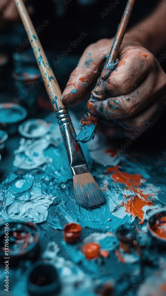 Poster artist's hands holding paintbrushes over a colorful palette with blue and red paints. focus on the c