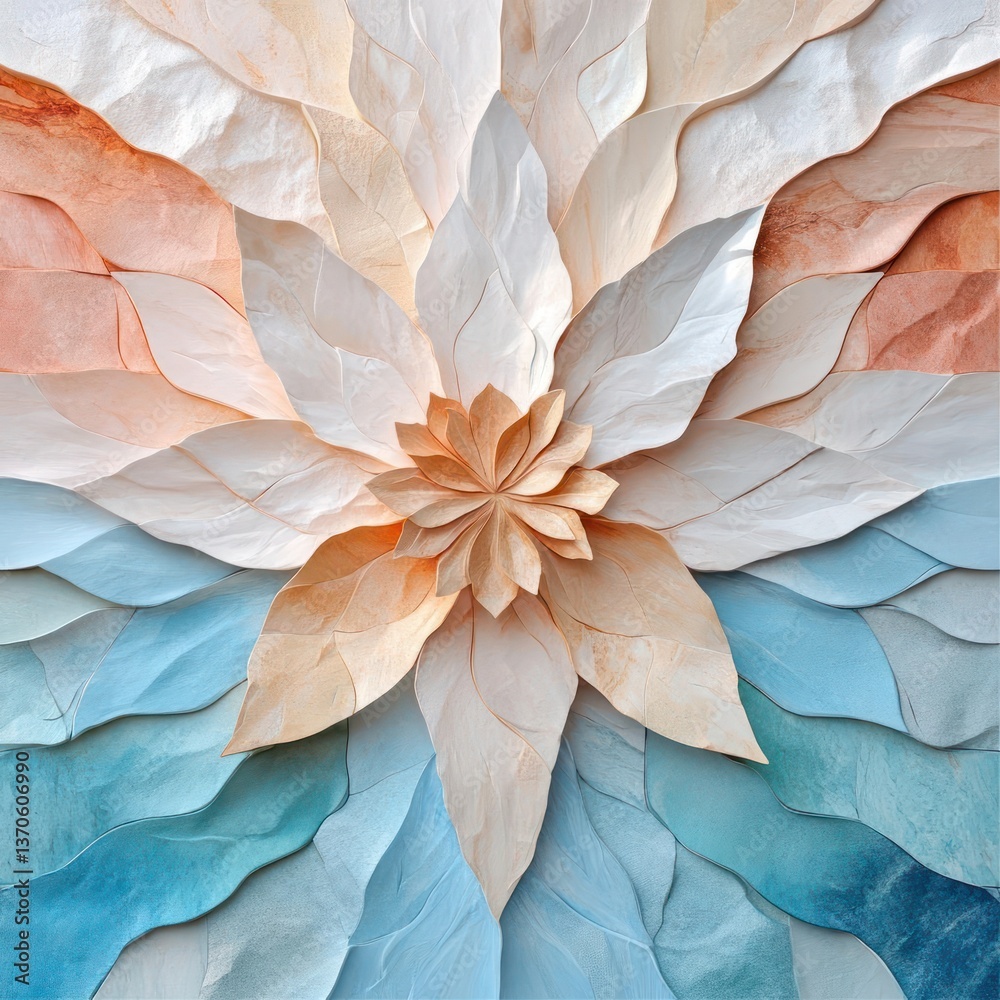 Poster abstract floral arrangement with petal patterns in pastel hues creating a radial design evoking natu