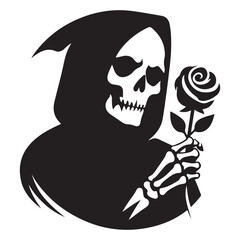 Grim reaper holding a rose in bony hand black illustration