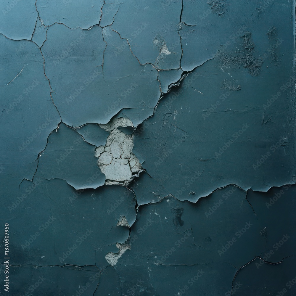 Poster Textured abstract image of a peeling blue surface with cracks revealing a gray underlayer, creating a distressed, aged appearance and showing contrast between textures and colors