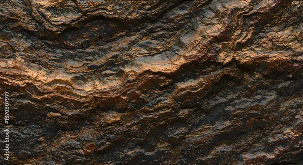 Poster dark brown and golden rock formation texture with layered structure